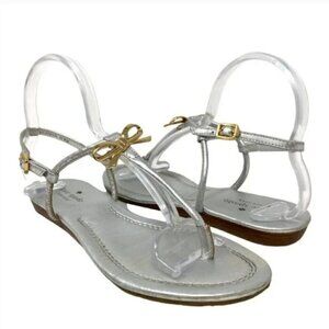 Kate Spade Silver Leather Tracie Bow T-Strap Sandals - Size 8.5